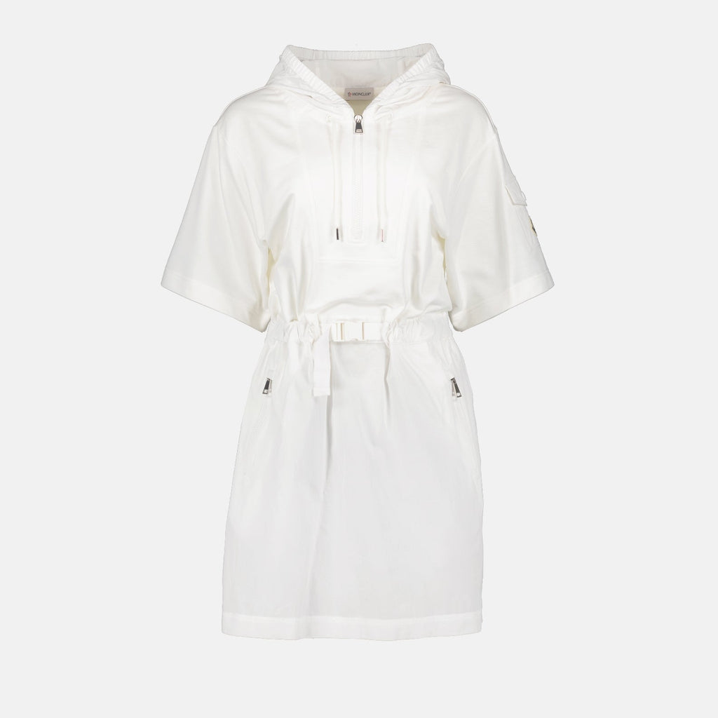 White fitted dress, Moncler women's dress, luxury fashion, elegant women's clothing, high-end designer dress