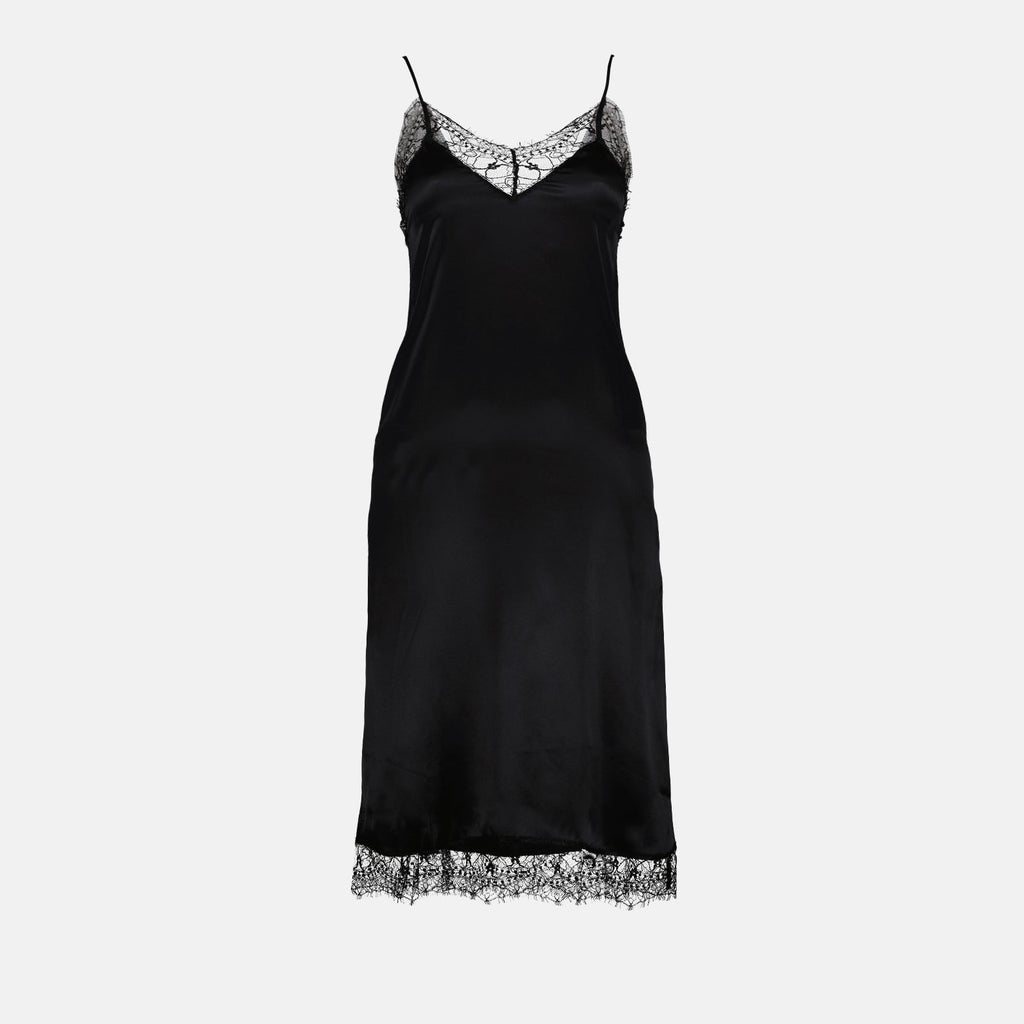 Black Satin Dress, Elegant Women's Dress, AMI Paris Dress, Satin Lace Dress, Chic Evening Dress