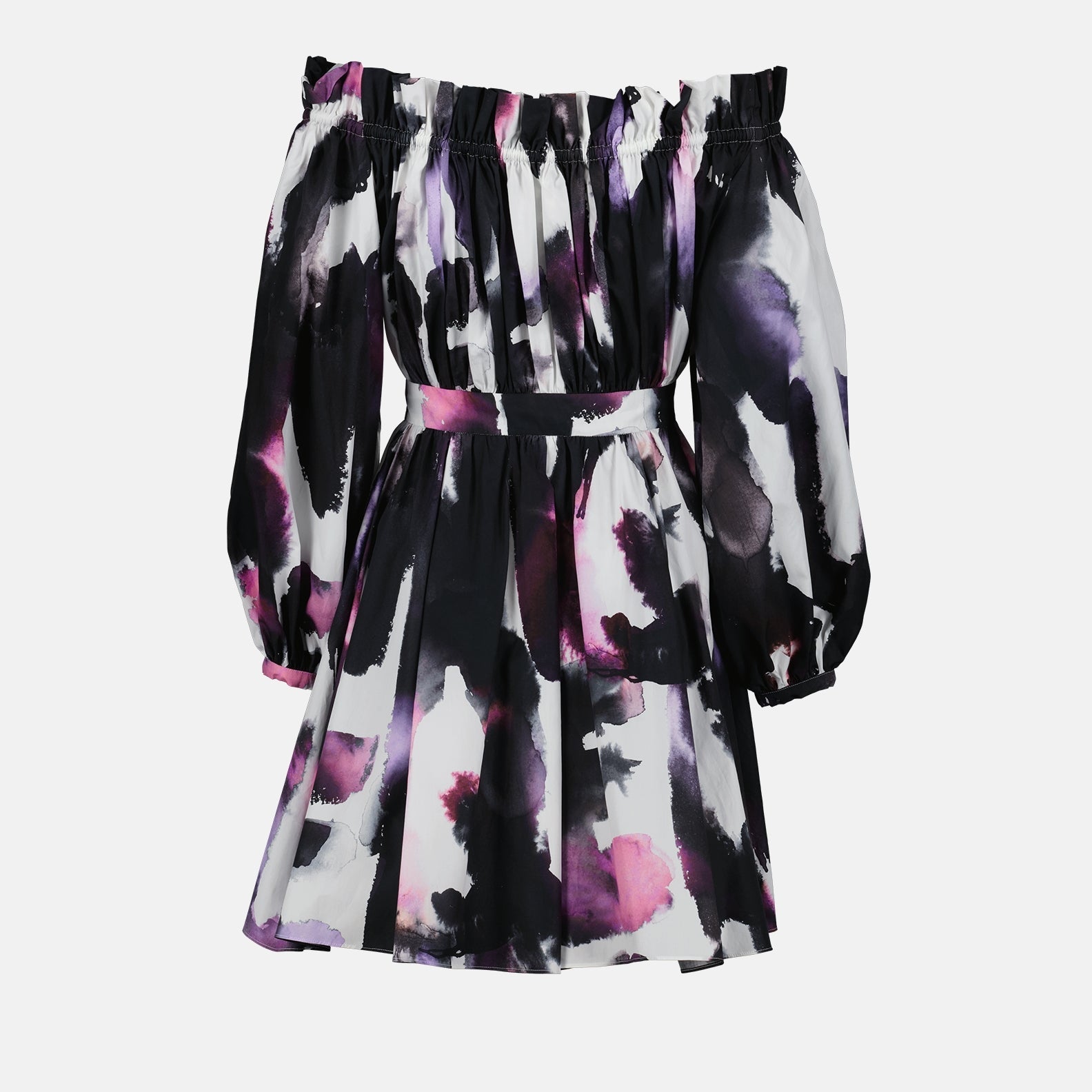 Alexander McQueen, Bardot dress, graffiti print dress, watercolor dress, luxury women’s dress