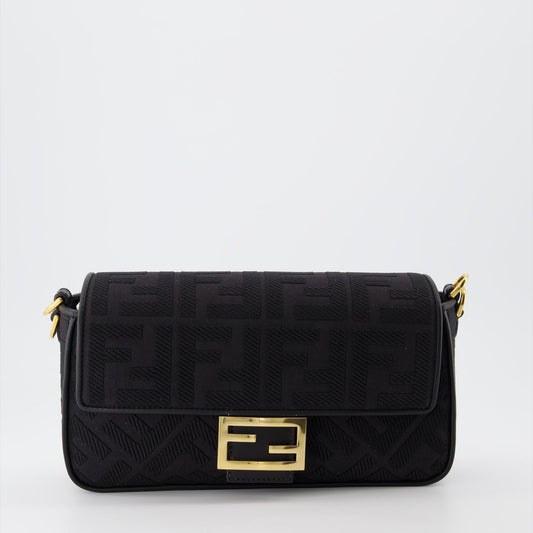 Fendi Baguette Bag, Luxury Canvas Bag, Designer Shoulder Bag, FF Print Accessory, Embossed Logo Handbag