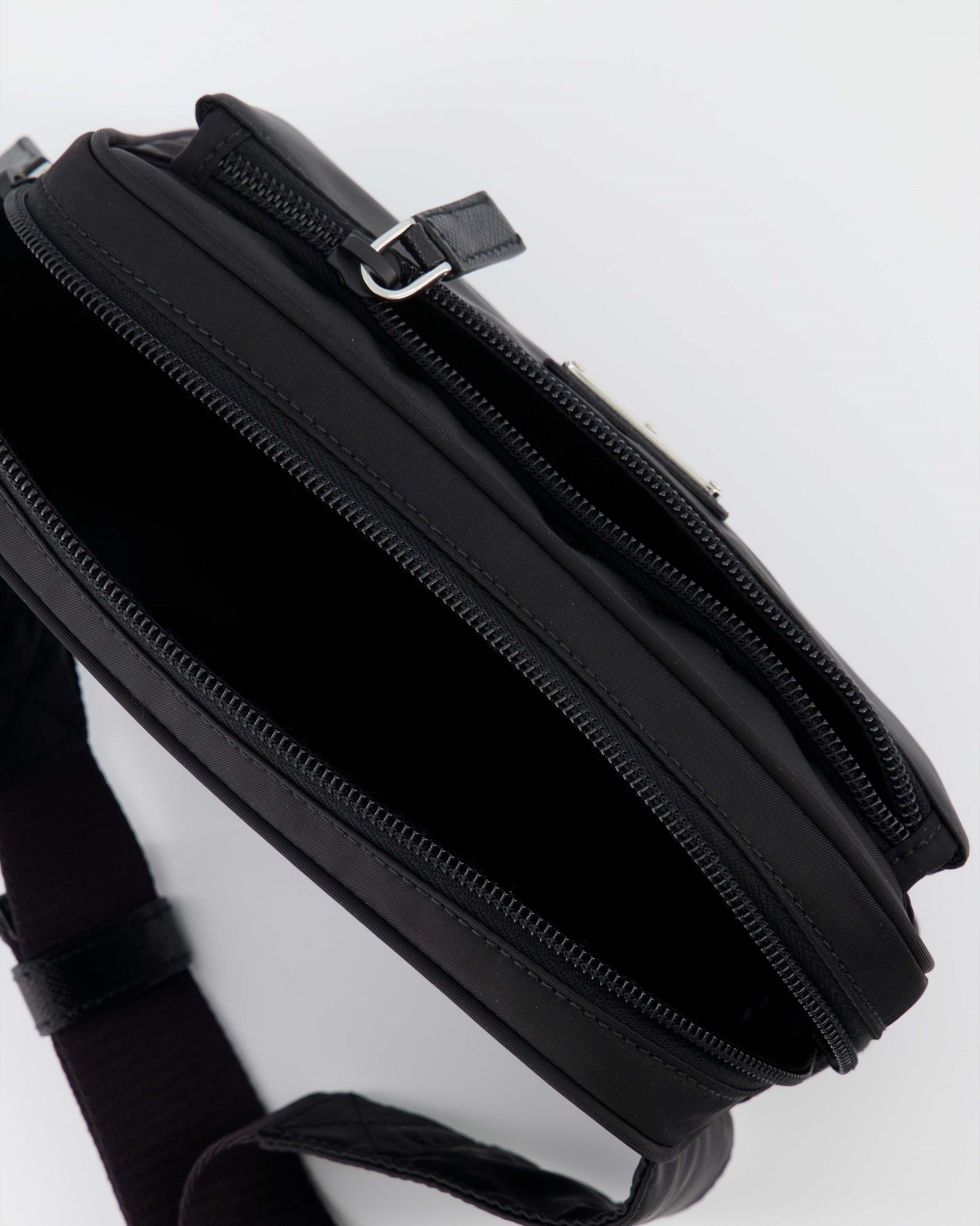 Prada belt bag, Re-Nylon accessory, black belt bag, luxury menswear, designer accessories