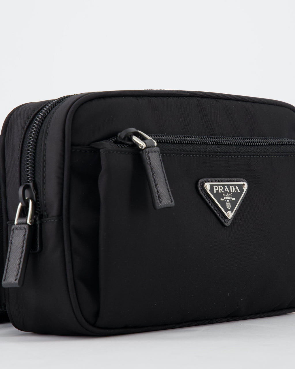 Prada belt bag, Re-Nylon accessory, black belt bag, luxury menswear, designer accessories
