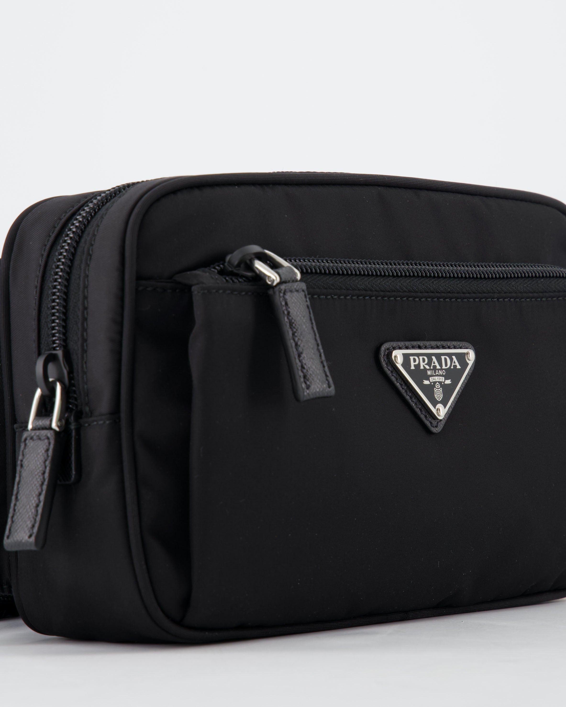 Prada belt bag, Re-Nylon accessory, black belt bag, luxury menswear, designer accessories