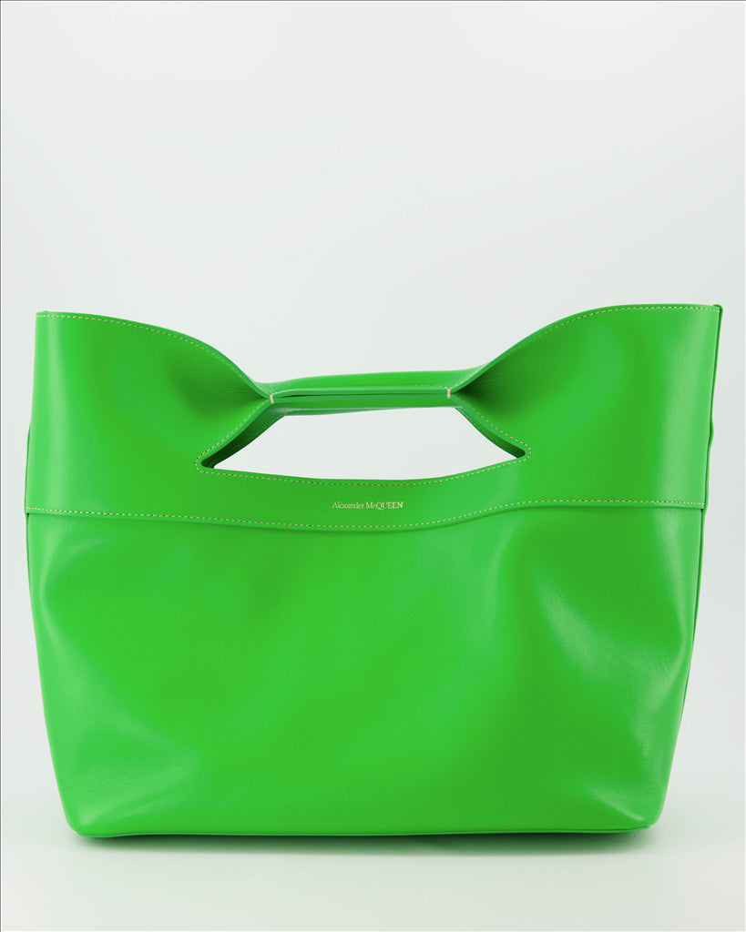 Alexander McQueen handbag, The Bow green bag, luxurious leather, elegant women's accessory, luxury leather goods