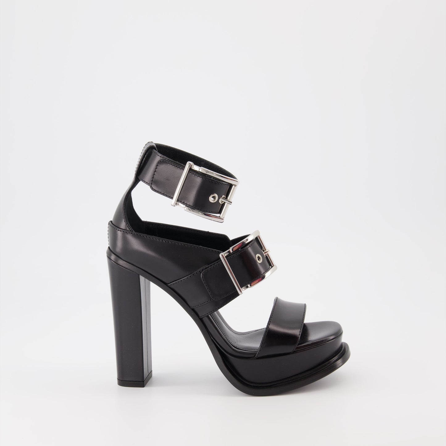 Alexander McQueen, black sandals, buckle platforms, luxury footwear, women's designer shoes