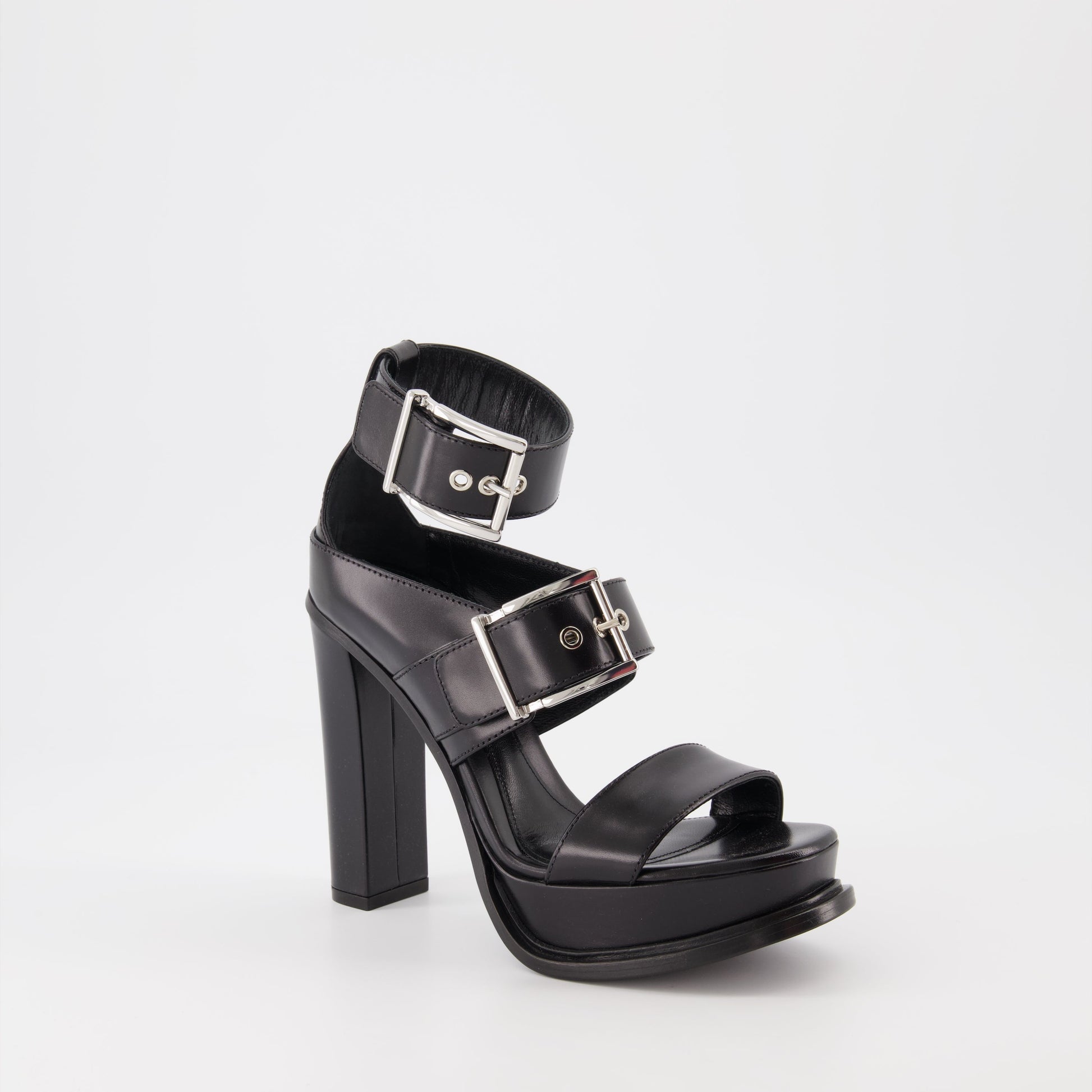 Alexander McQueen, black sandals, buckle platforms, luxury footwear, women's designer shoes