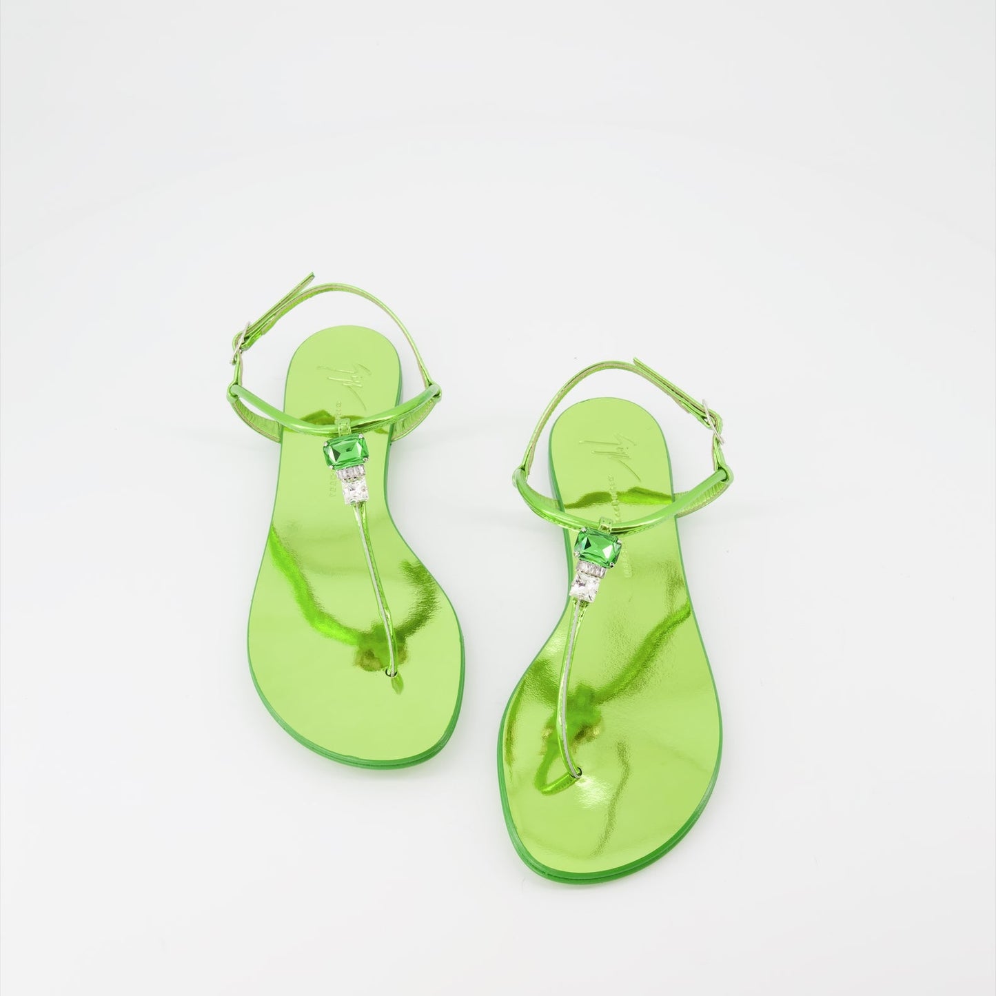 Giuseppe Zanotti, green leather sandals, luxury women's shoes, elegant footwear, high-end fashion