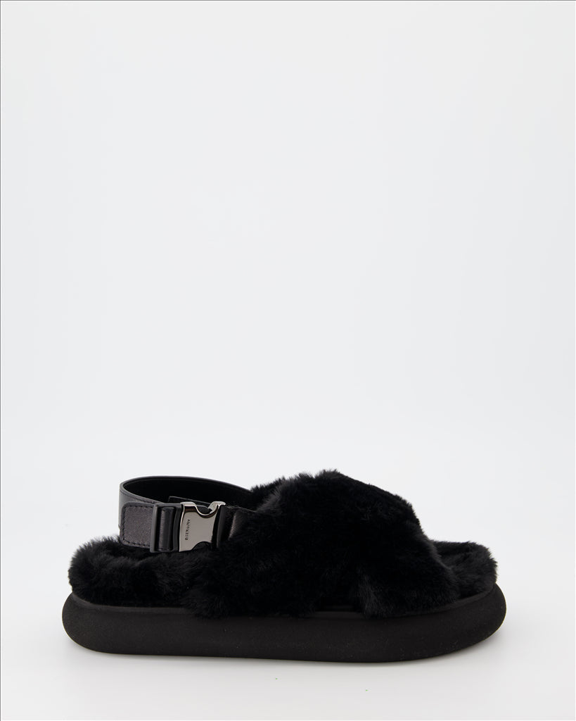 Moncler sandals, luxury fur sandals, Solarisse Noir, women’s footwear, high-end sandals