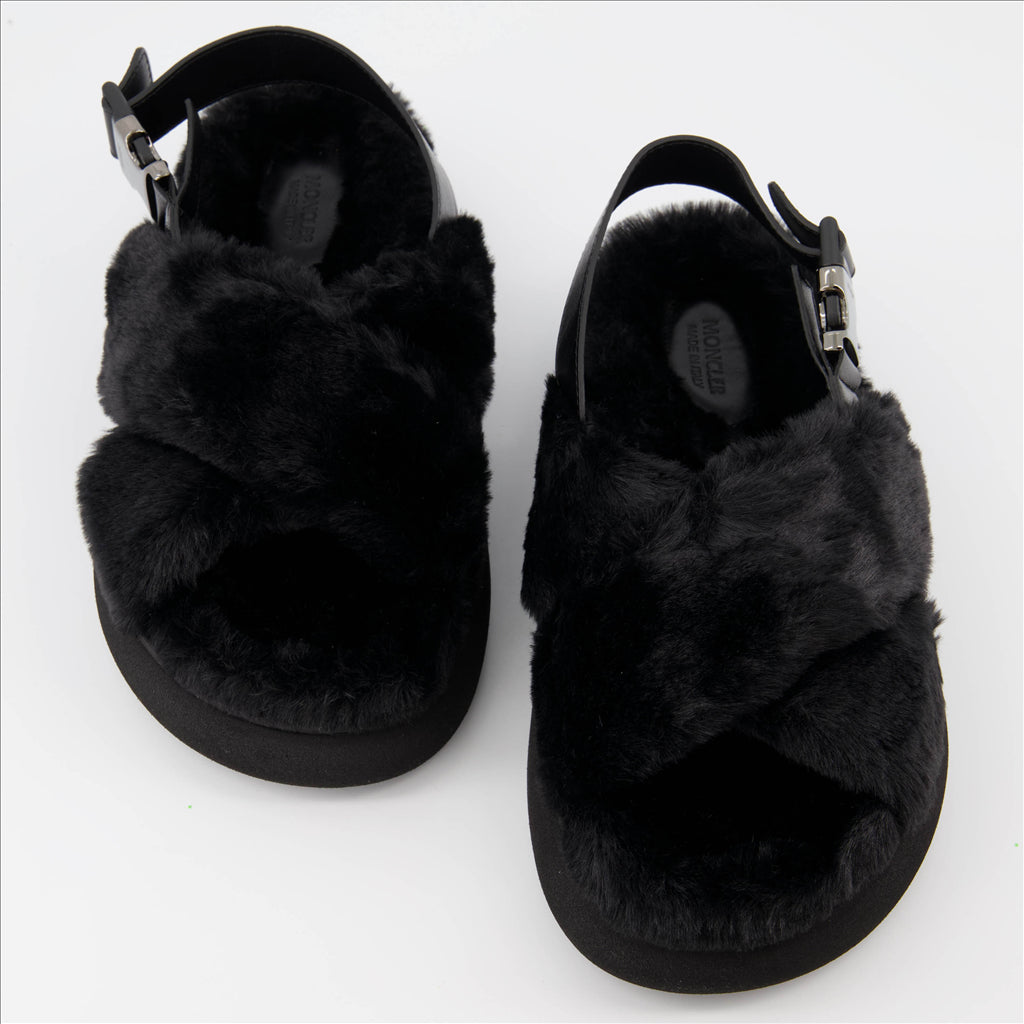 Moncler sandals, luxury fur sandals, Solarisse Noir, women’s footwear, high-end sandals