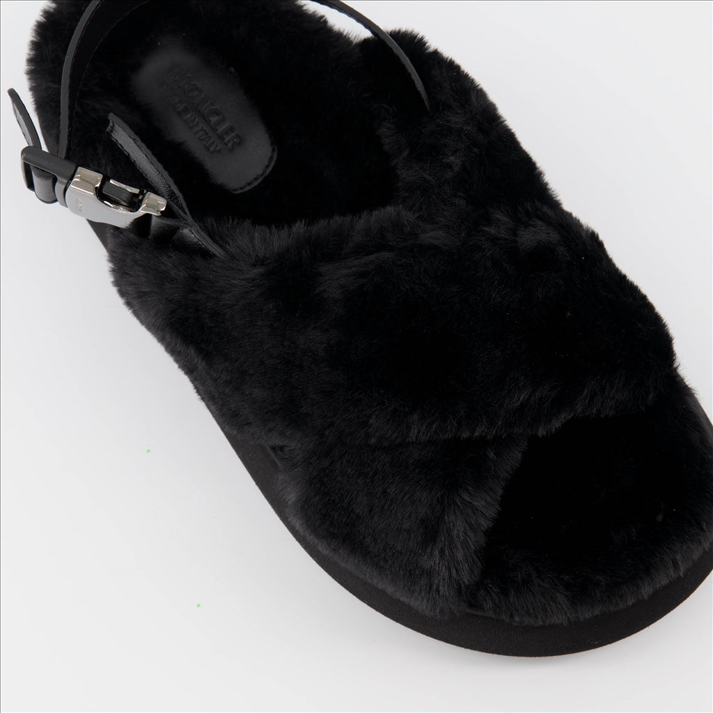 Moncler sandals, luxury fur sandals, Solarisse Noir, women’s footwear, high-end sandals