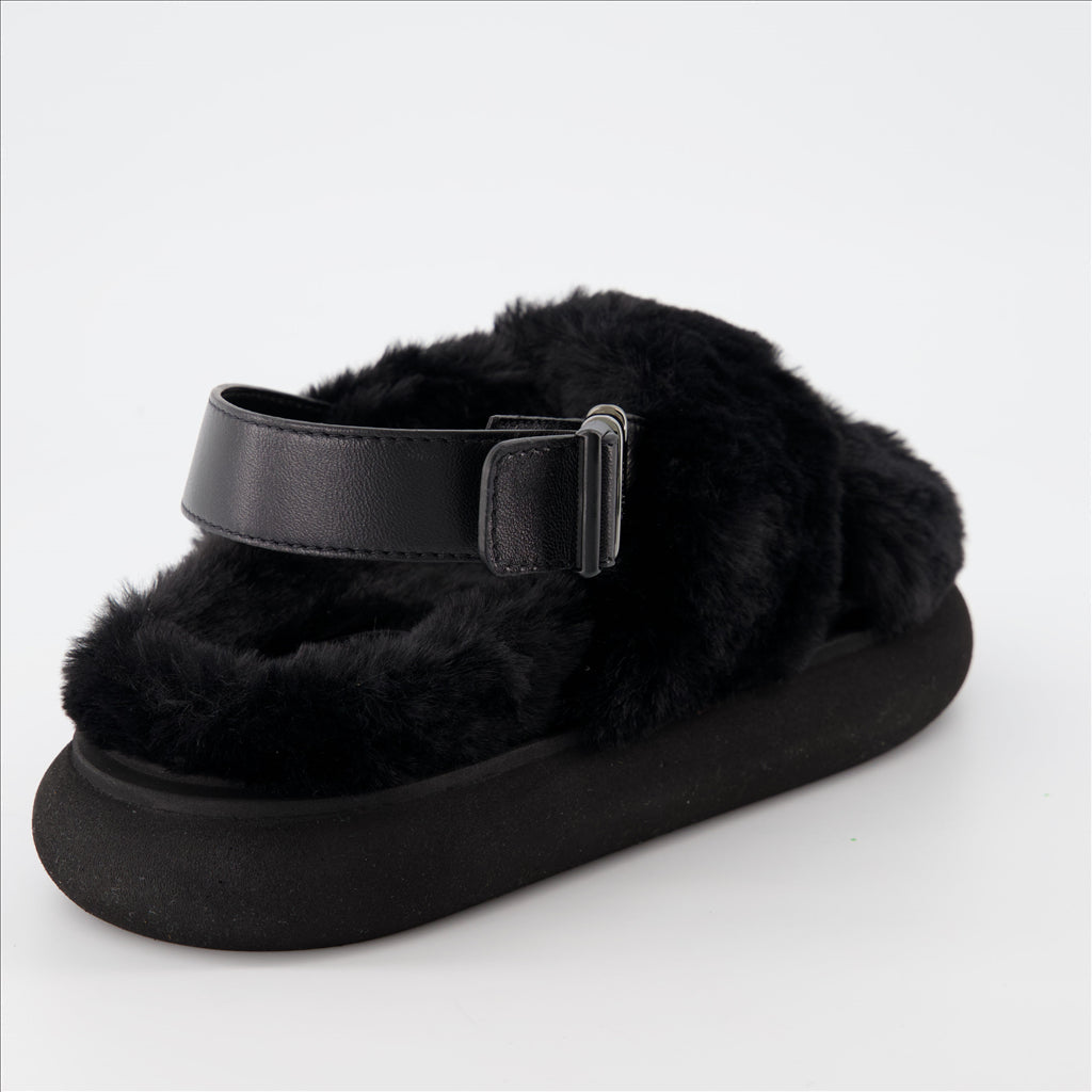 Moncler sandals, luxury fur sandals, Solarisse Noir, women’s footwear, high-end sandals