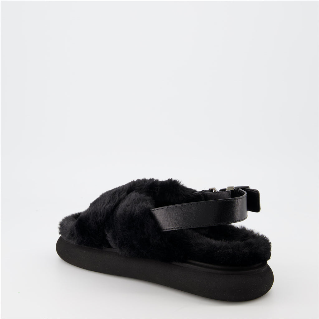 Moncler sandals, luxury fur sandals, Solarisse Noir, women’s footwear, high-end sandals