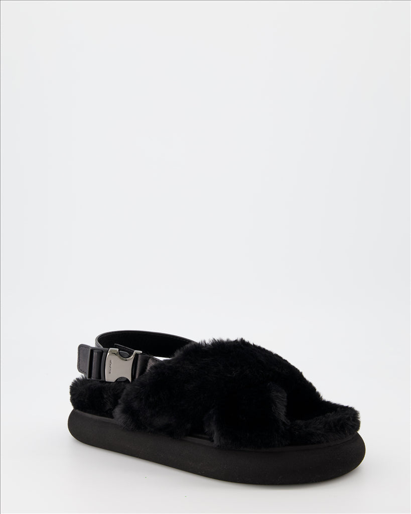 Moncler sandals, luxury fur sandals, Solarisse Noir, women’s footwear, high-end sandals