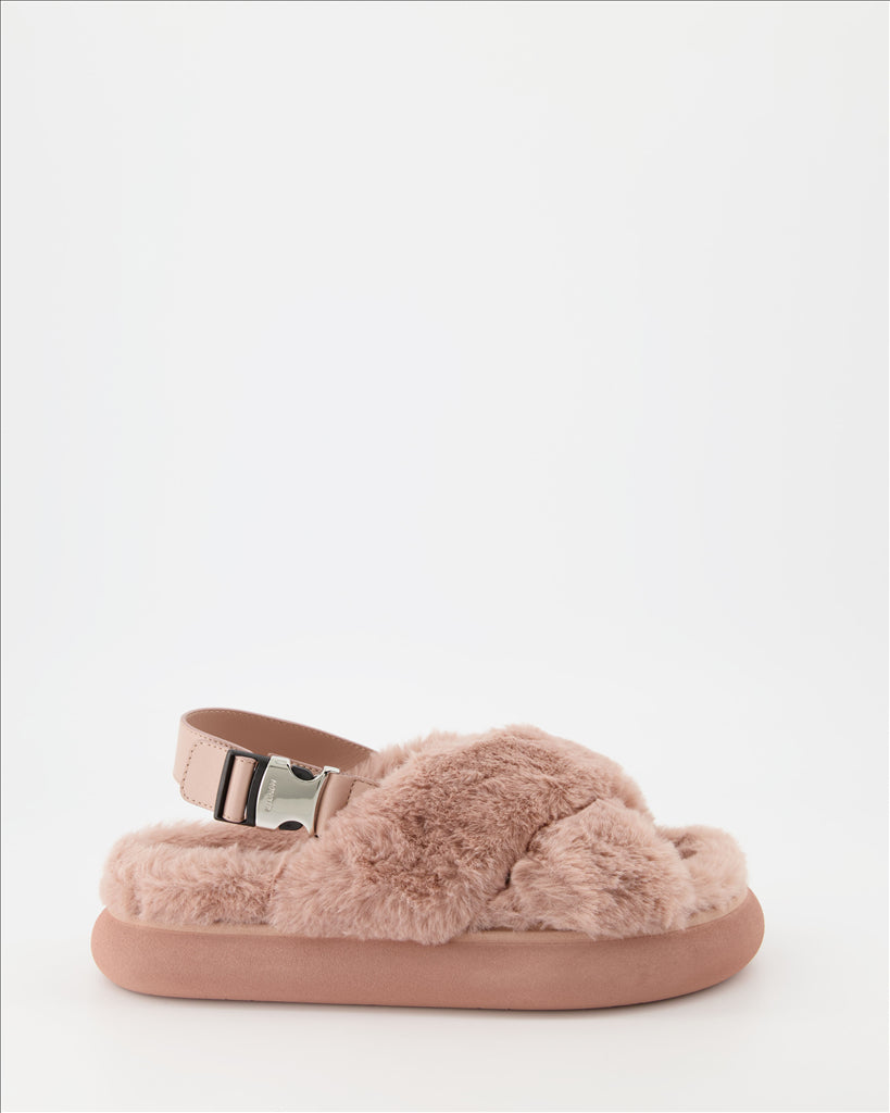 Moncler sandals, luxury pink sandals, women's fur sandals, designer footwear, high-end sandals