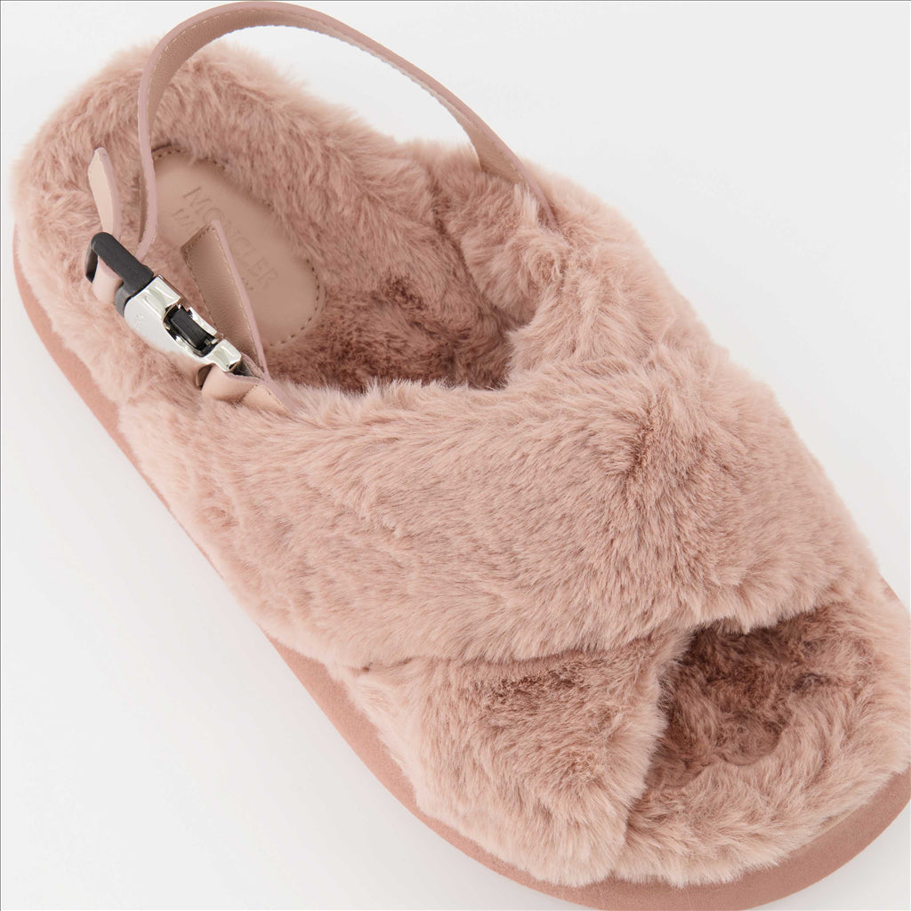 Moncler sandals, luxury pink sandals, women's fur sandals, designer footwear, high-end sandals