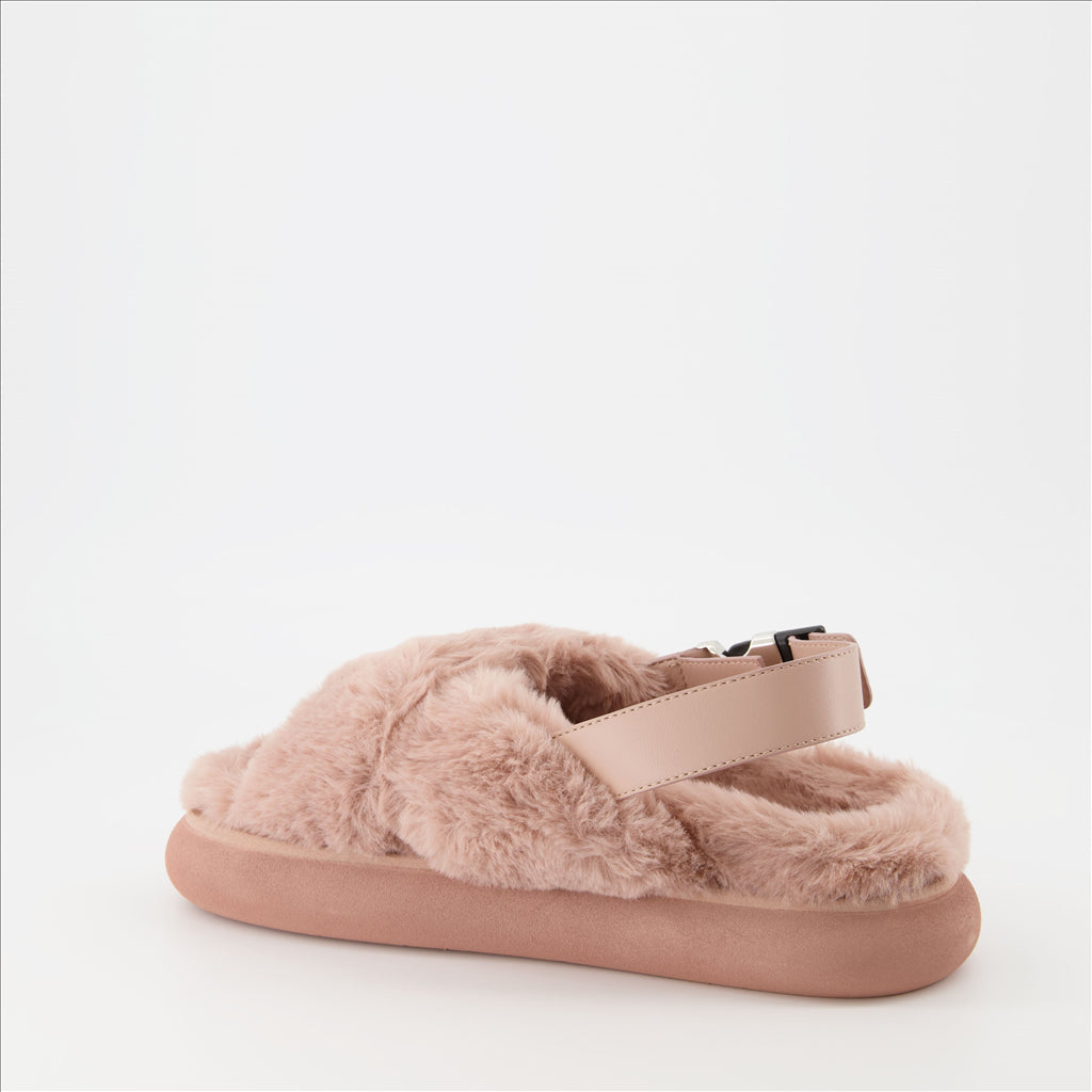 Moncler sandals, luxury pink sandals, women's fur sandals, designer footwear, high-end sandals