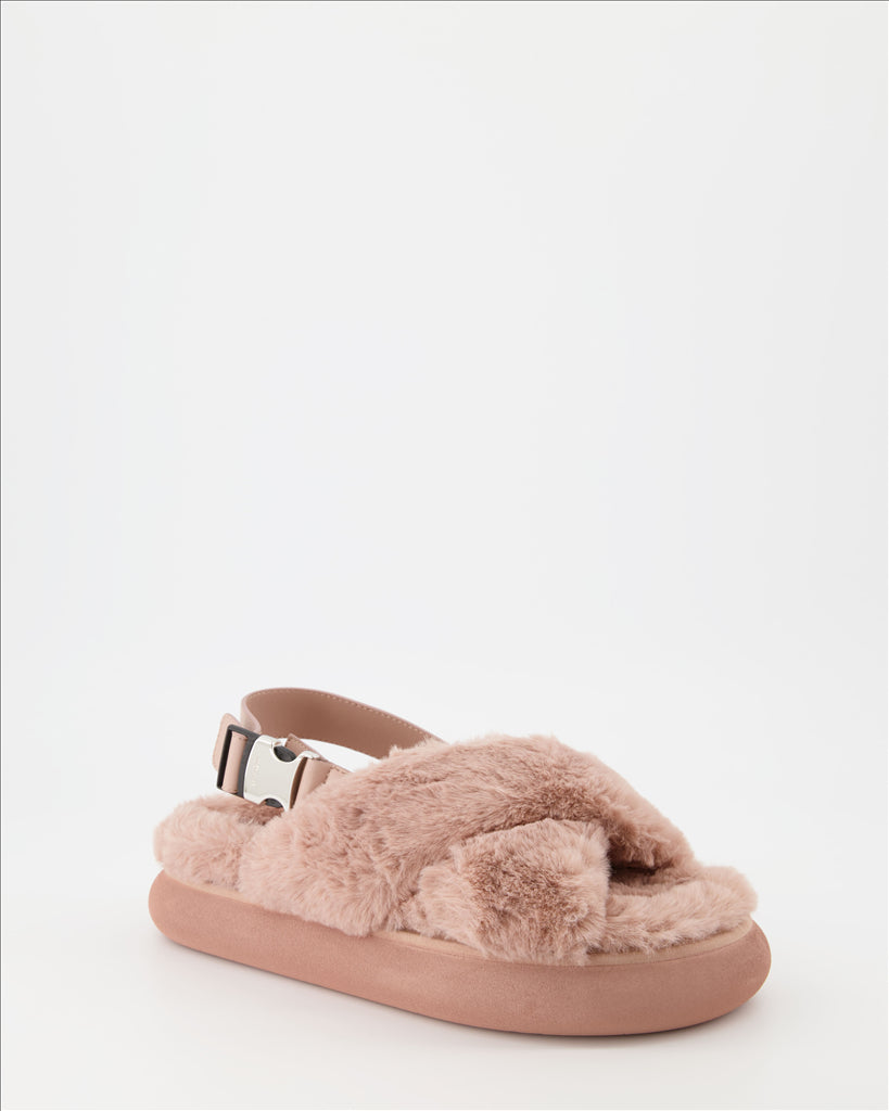 Moncler sandals, luxury pink sandals, women's fur sandals, designer footwear, high-end sandals