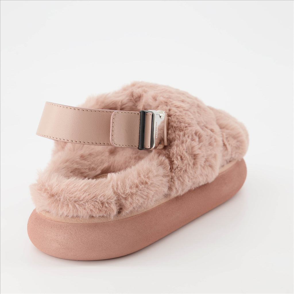 Moncler sandals, luxury pink sandals, women's fur sandals, designer footwear, high-end sandals