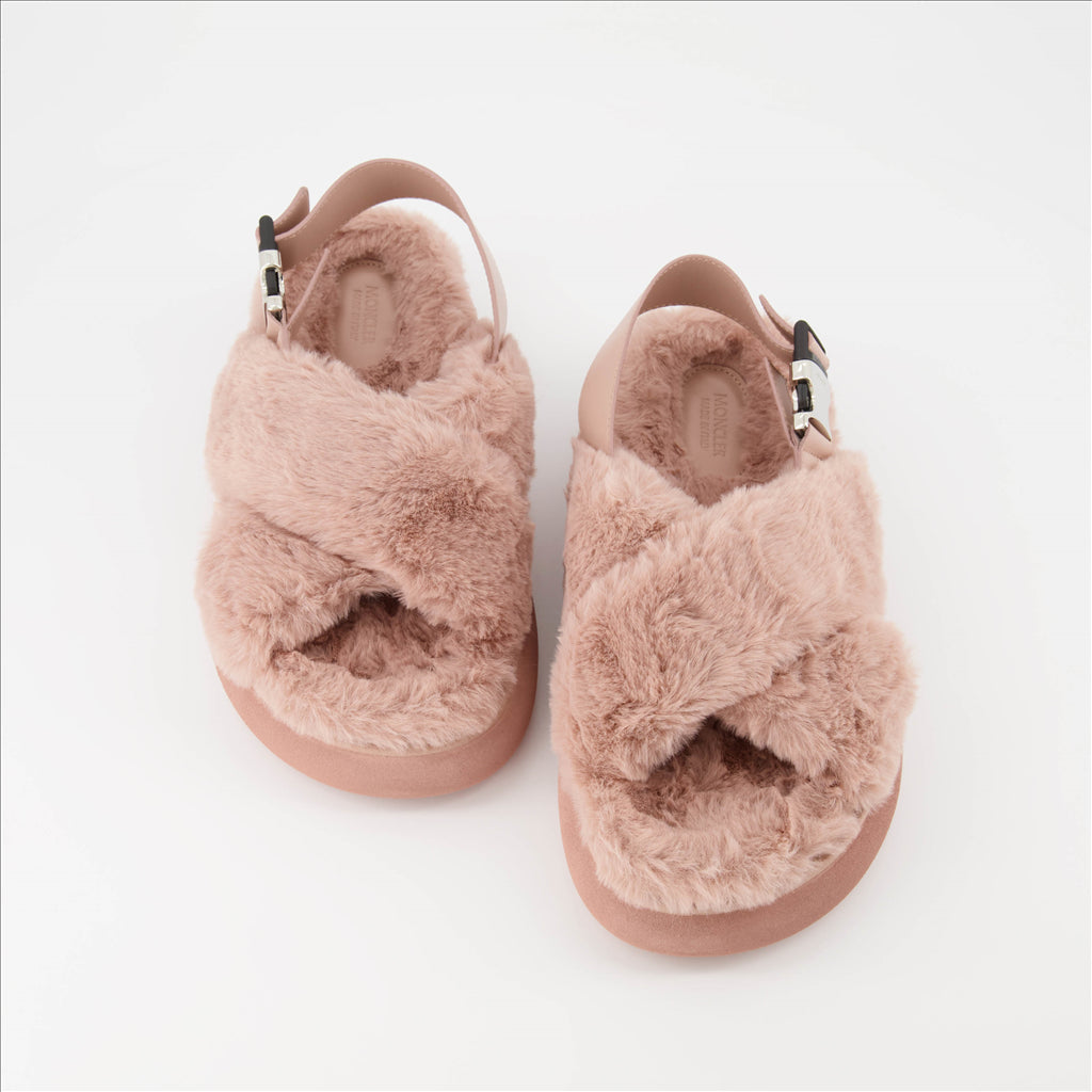 Moncler sandals, luxury pink sandals, women's fur sandals, designer footwear, high-end sandals