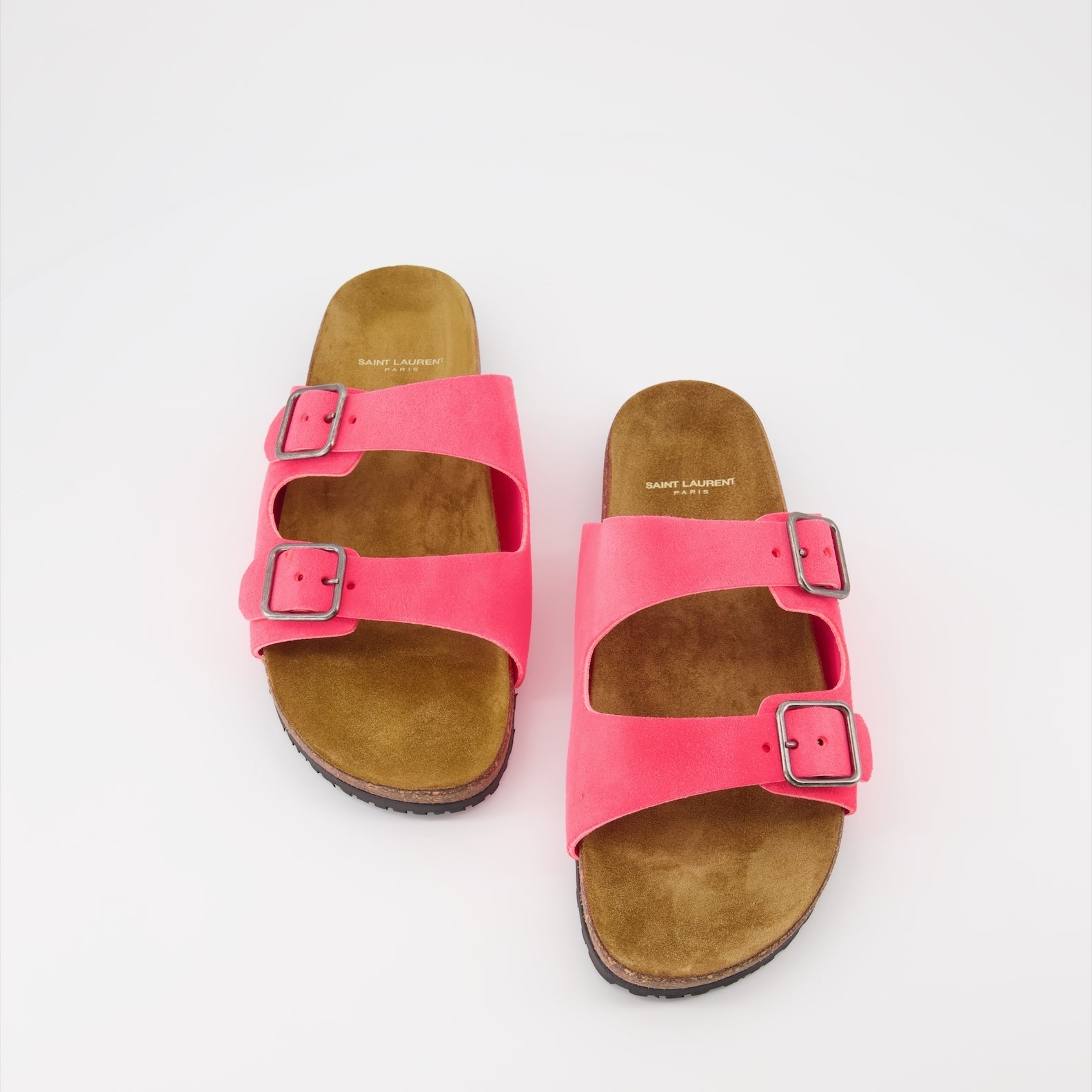 Image of Pink Jimmy Slide Sandals by Saint Laurent for Men - Season Spring-Summer 2023 - Top View Pair