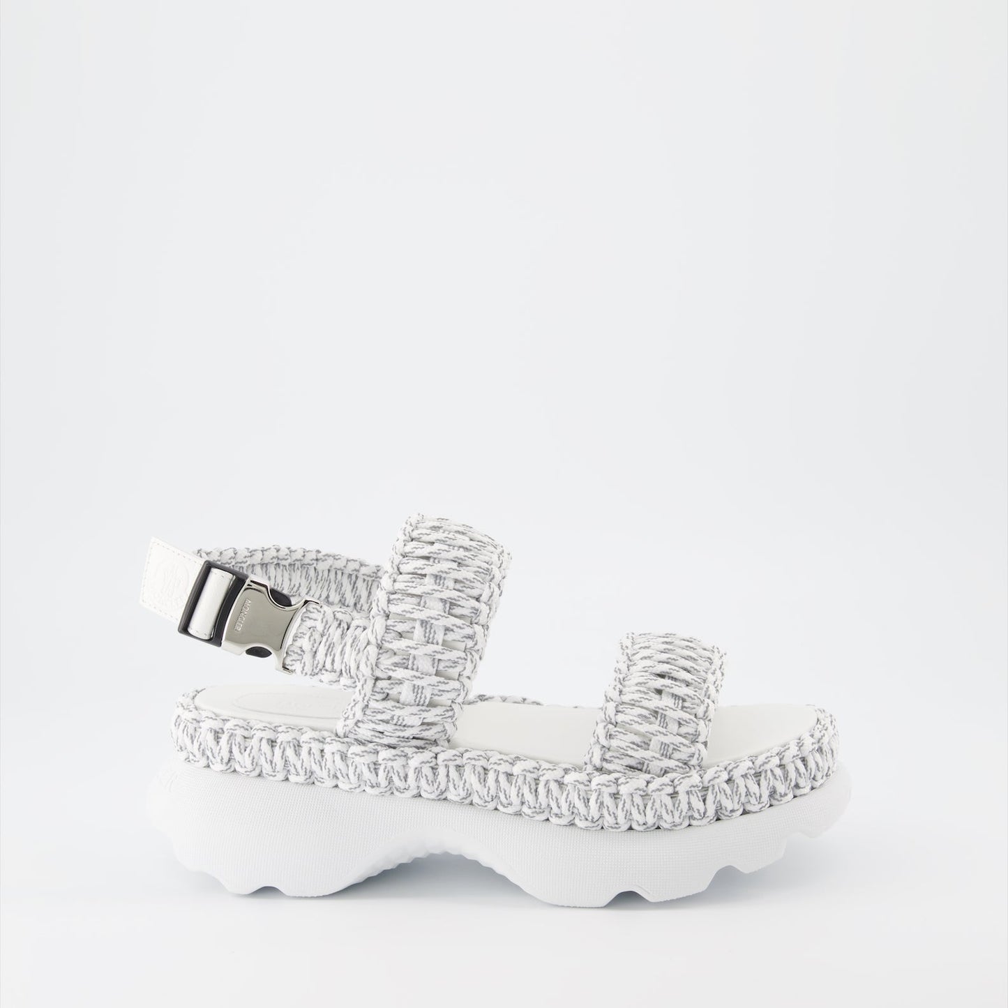 Moncler, woven sandals, luxury women's footwear, gray sandals, elegant summer shoes