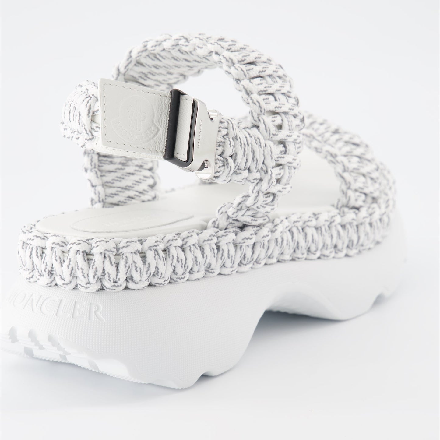 Moncler, woven sandals, luxury women's footwear, gray sandals, elegant summer shoes