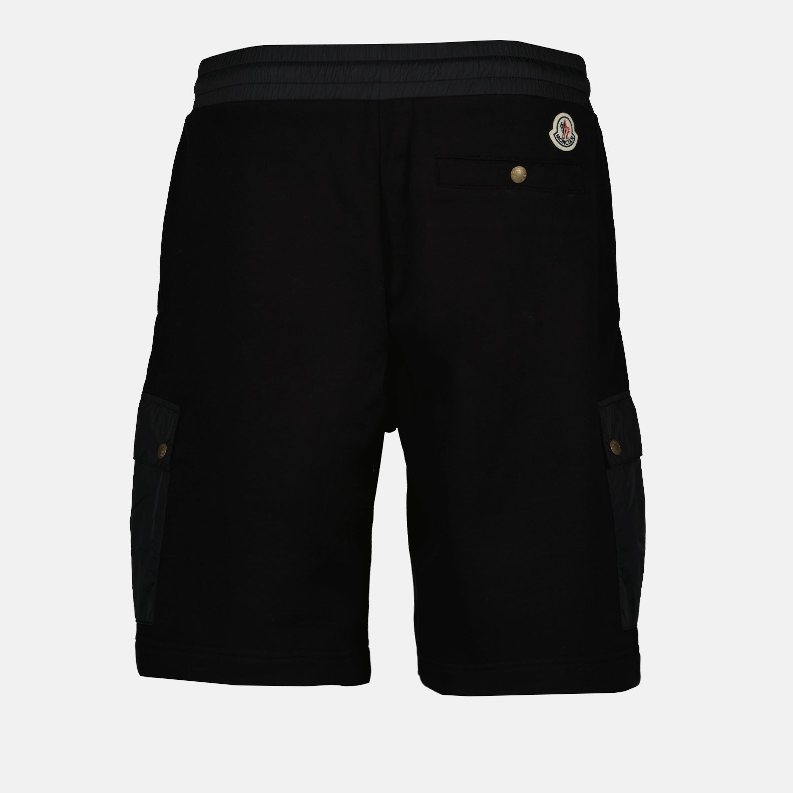 Moncler shorts, luxury men's shorts, black logo patch shorts, high-end men's fashion, Moncler summer wear