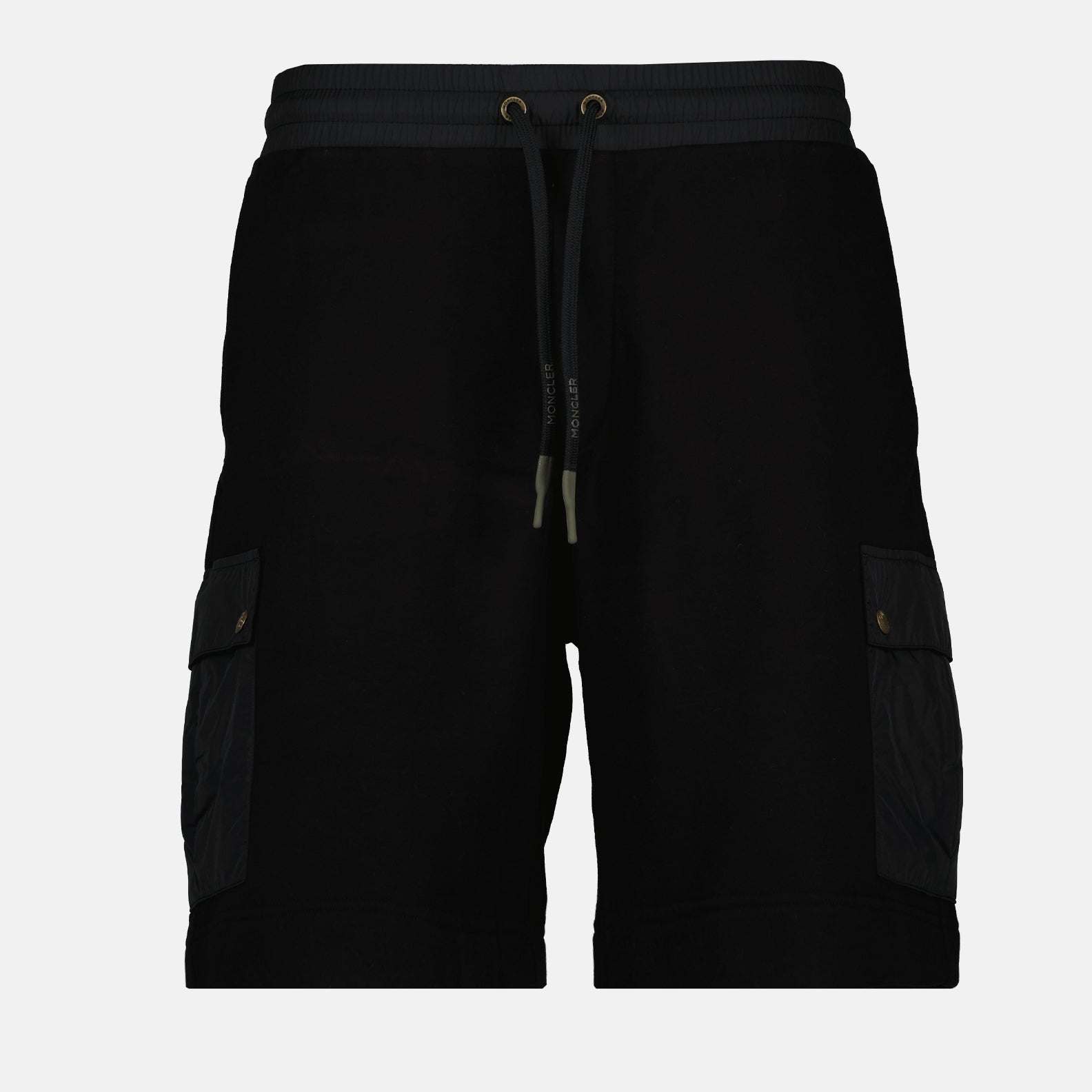 Moncler shorts, luxury men's shorts, black logo patch shorts, high-end men's fashion, Moncler summer wear