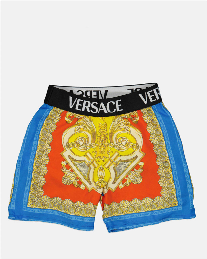 Luxury Children's Shorts, Barocco Goddess Print, Multicolored Shorts, Versace Children's Clothing, High-End Children's Fashion