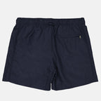 Orlebar Brown swim shorts, luxury men's swimwear, blue drawcord swim shorts, designer swim shorts, high-end beachwear