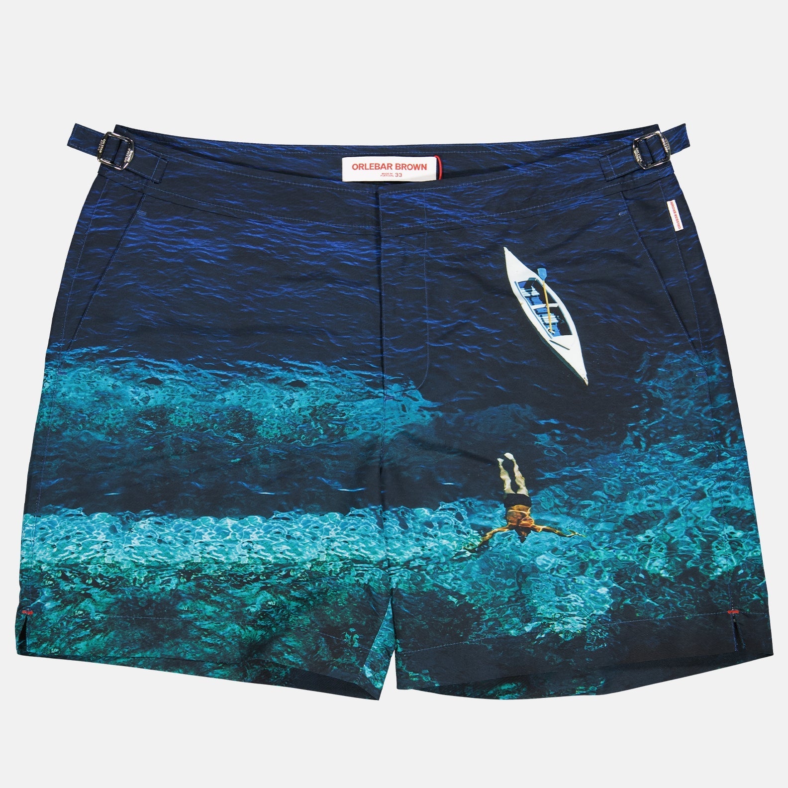 Swim shorts, Orlebar Brown, luxury swimwear, deep sea print, men’s designer swimwear