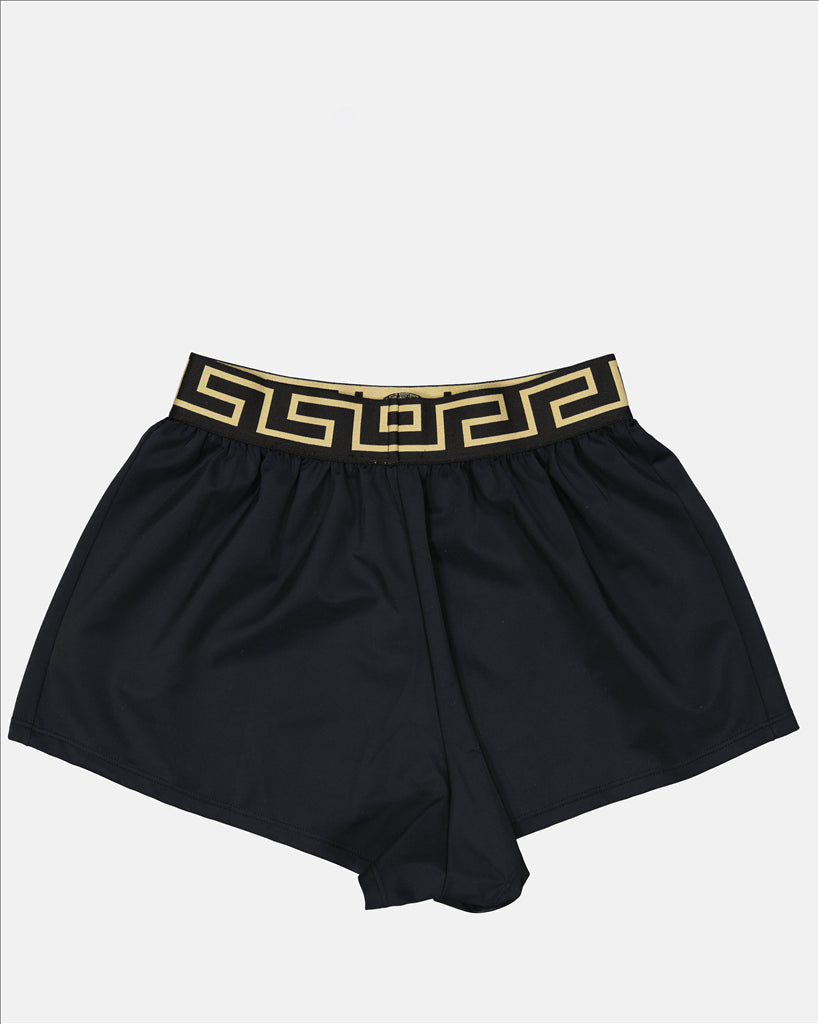 Versace swim shorts, Women's luxury swimwear, Black Medusa shorts, Designer beachwear, High-end women's fashion