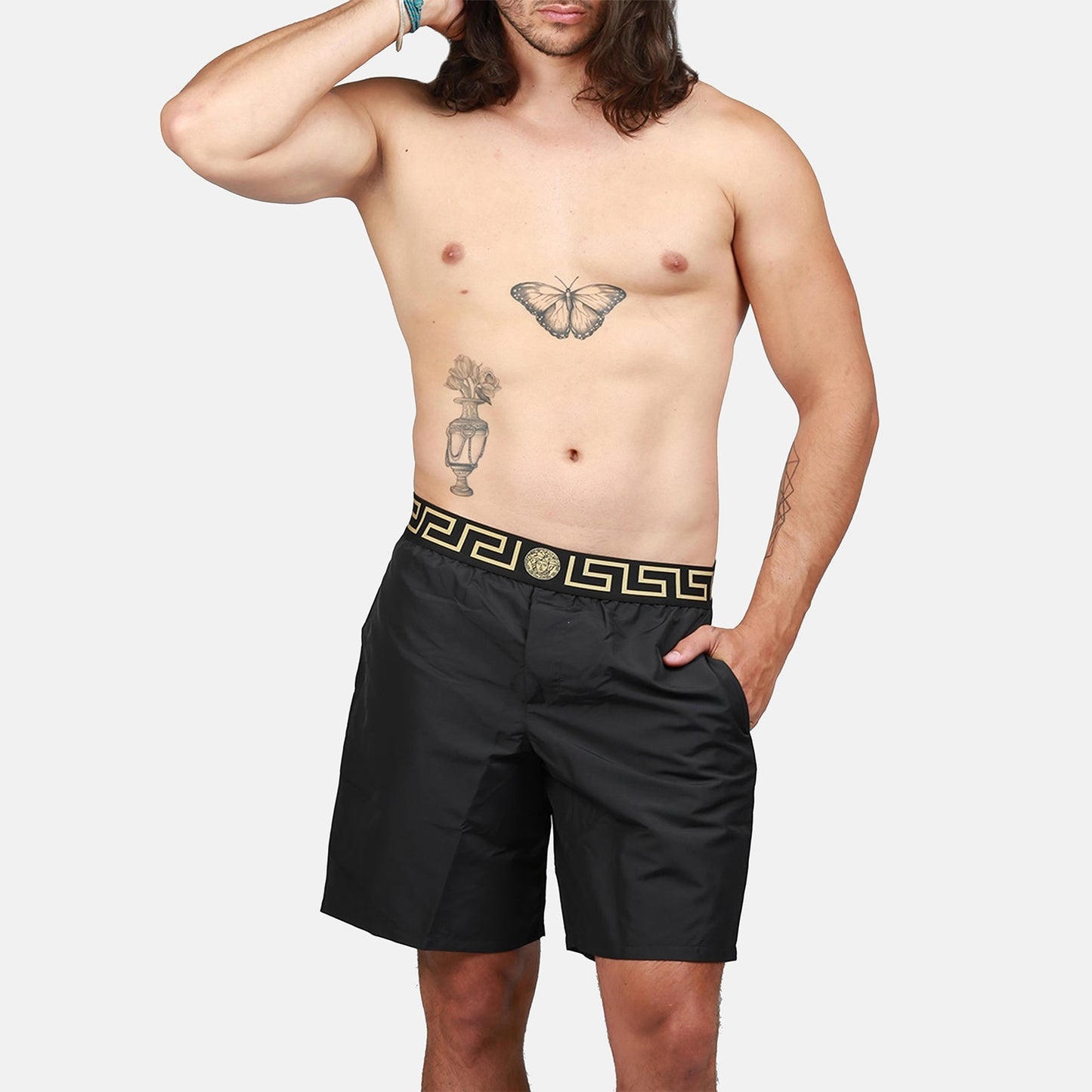 Versace swim shorts, Medusa swimwear, luxury men's swim shorts, designer swimwear, high-end swim shorts