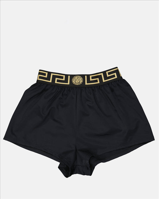 Versace swim shorts, Women's luxury swimwear, Black Medusa shorts, Designer beachwear, High-end women's fashion