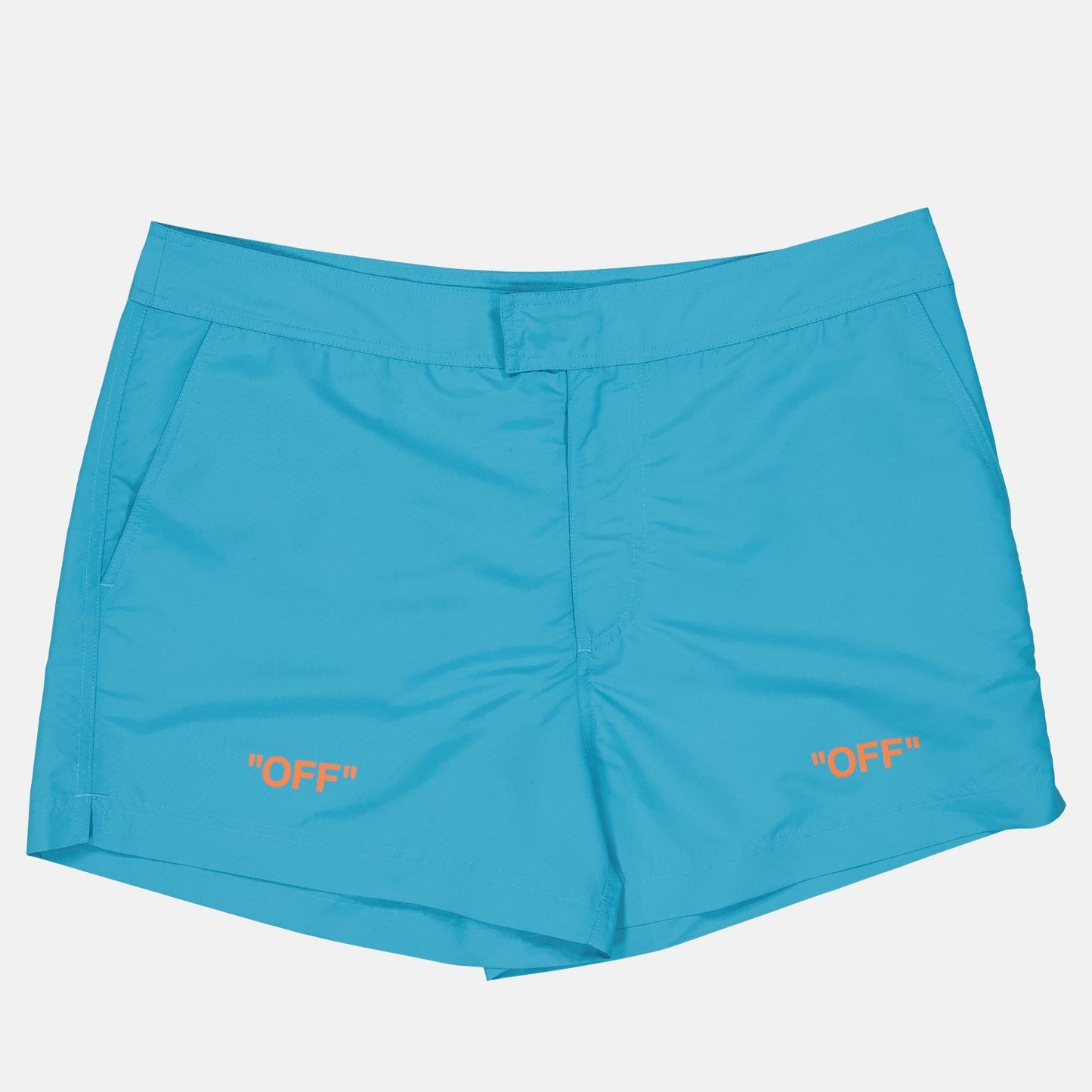 Off-White swim shorts, luxury swimwear, blue swim shorts, men's designer swimwear, high-end beachwear