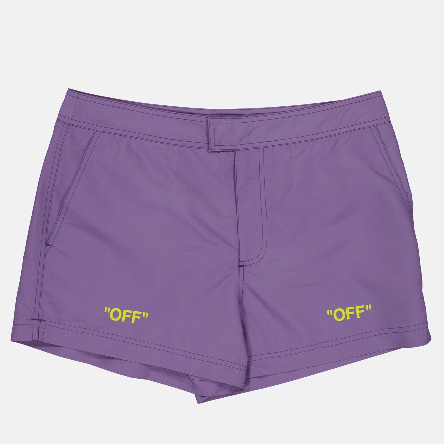 Off-White, luxury swim shorts, men’s swimwear, designer swim shorts, violet swim shorts