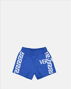 Versace kids shorts, luxury children's fashion, blue shorts, Greca pattern, designer kidswear