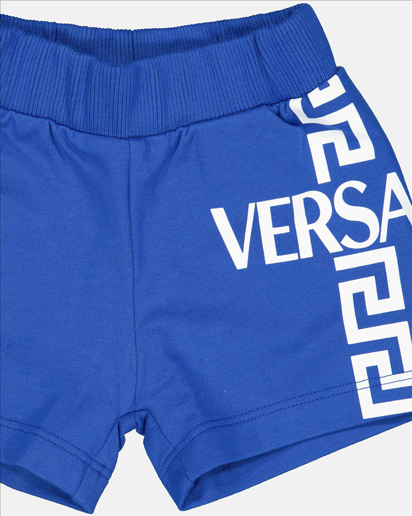 Versace kids shorts, luxury children's fashion, blue shorts, Greca pattern, designer kidswear