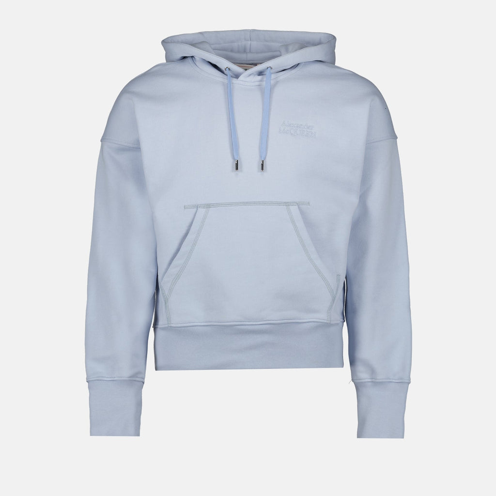 Alexander McQueen hoodie, blue logo hoodie, luxury men's fashion, designer hoodie, high-end casual wear