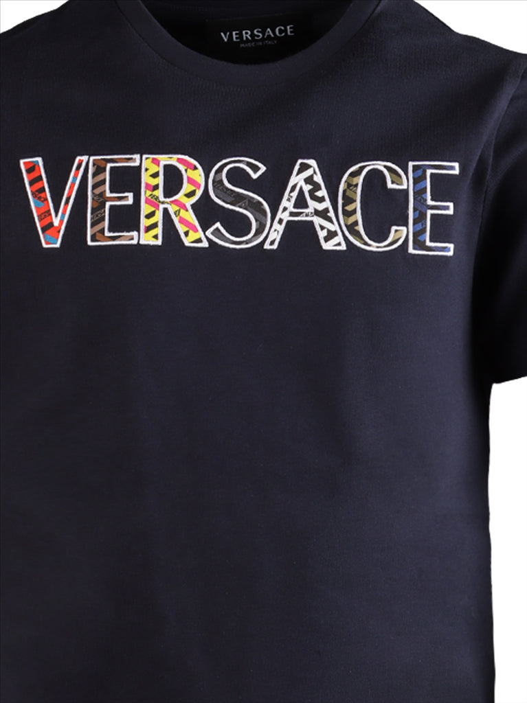 Versace kids, luxury children's wear, blue logo t-shirt, designer kids clothing, premium kids fashion
