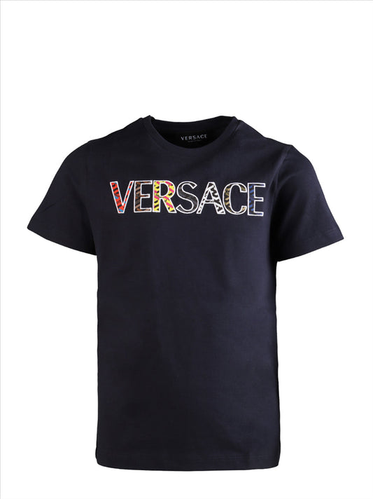 Versace kids, luxury children's wear, blue logo t-shirt, designer kids clothing, premium kids fashion