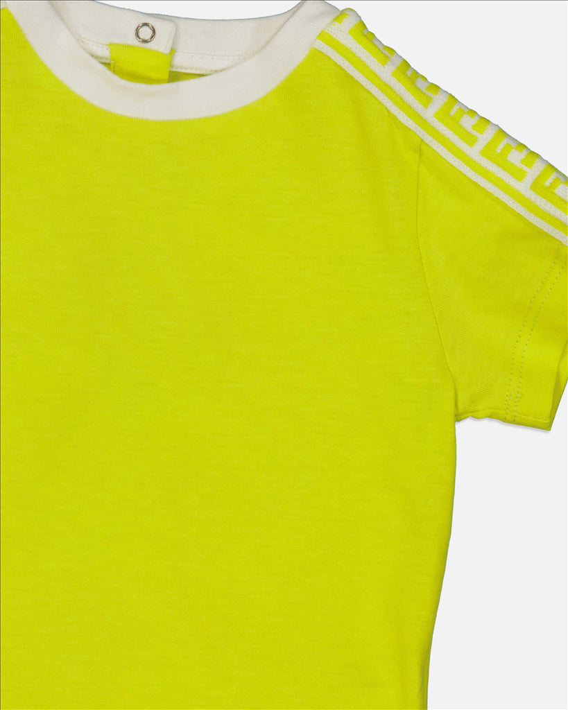 Fendi Children's T-Shirt, Luxury Yellow Top, Unisex Fendi Clothing, FF Side Stripes, Quality Cotton Comfort