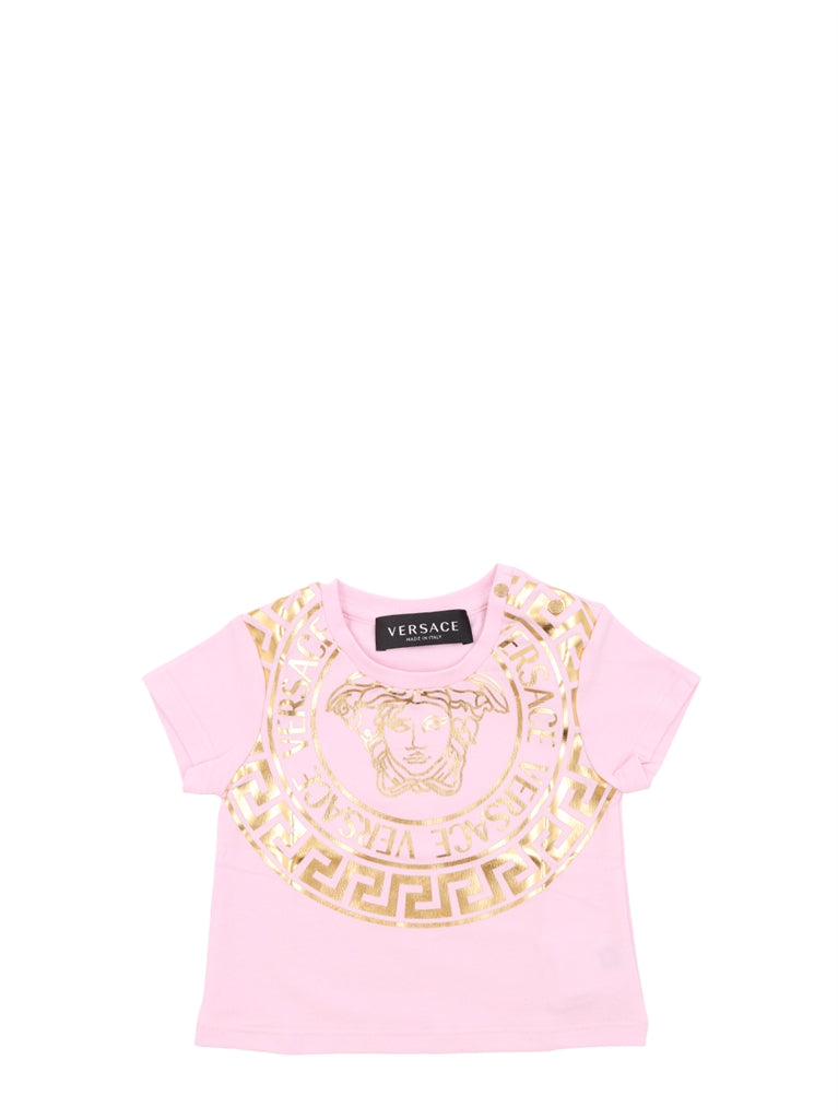 Versace kids, luxury children's t-shirt, Medusa head, fashionable kidswear, pink t-shirt for kids