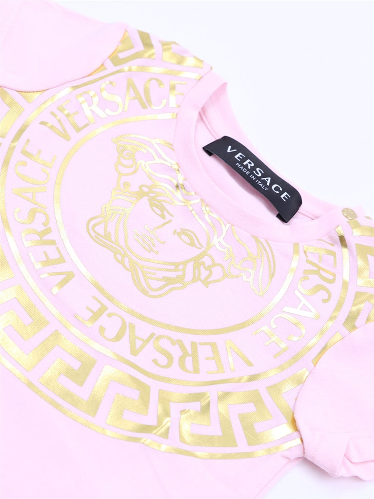 Versace kids, luxury children's t-shirt, Medusa head, fashionable kidswear, pink t-shirt for kids