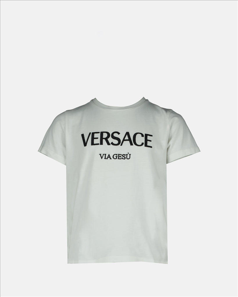 Versace kids T-shirt, luxury children’s wear, white Versace shirt, Via Gesù T-shirt, designer kids clothing