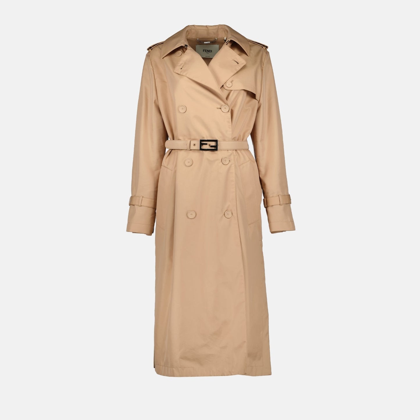 Fendi trench coat, double-breasted coat, luxury outerwear, beige trench coat, women's designer coat