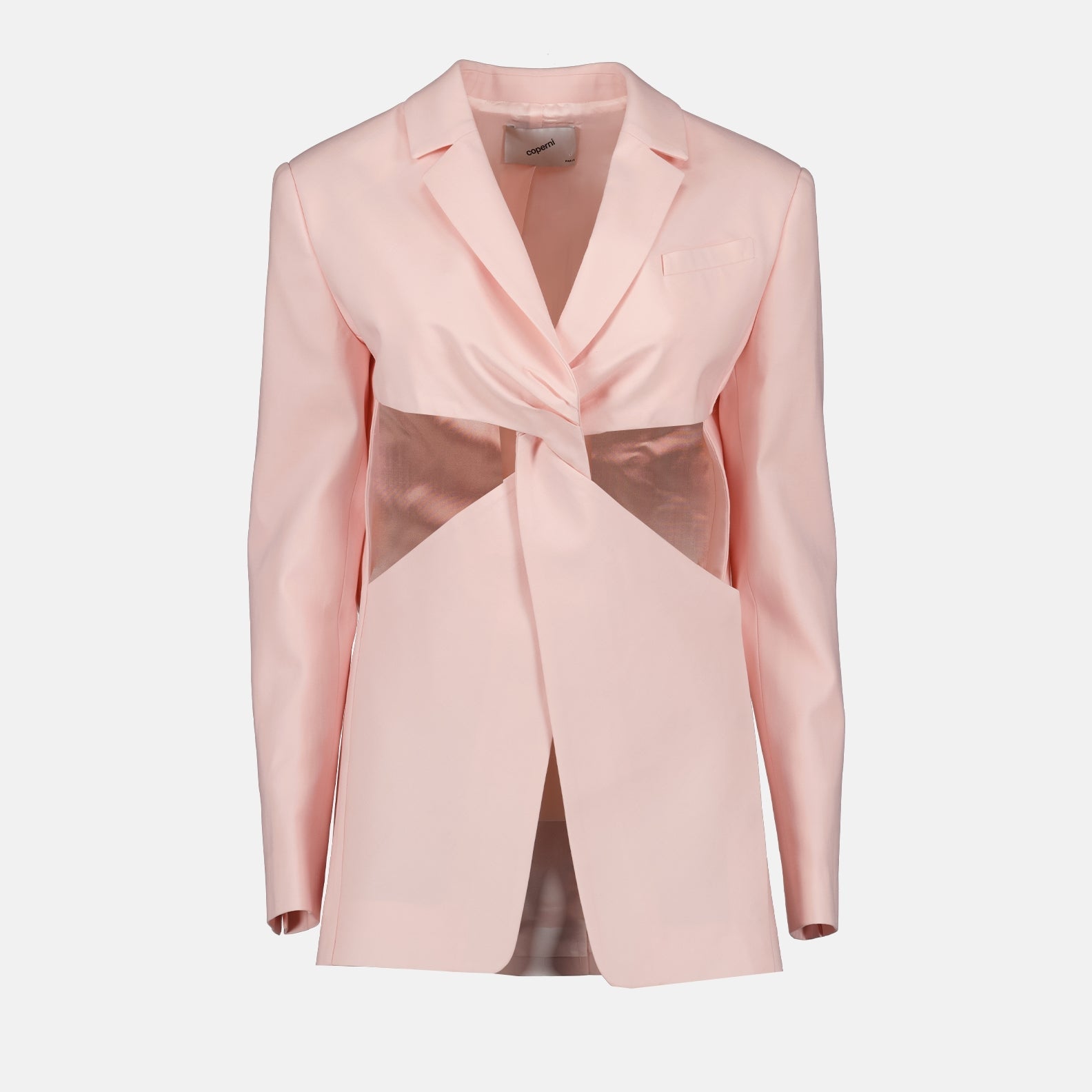 Coperni jacket, fitted pink jacket, twisted cutouts, luxury women's fashion, high-end jackets