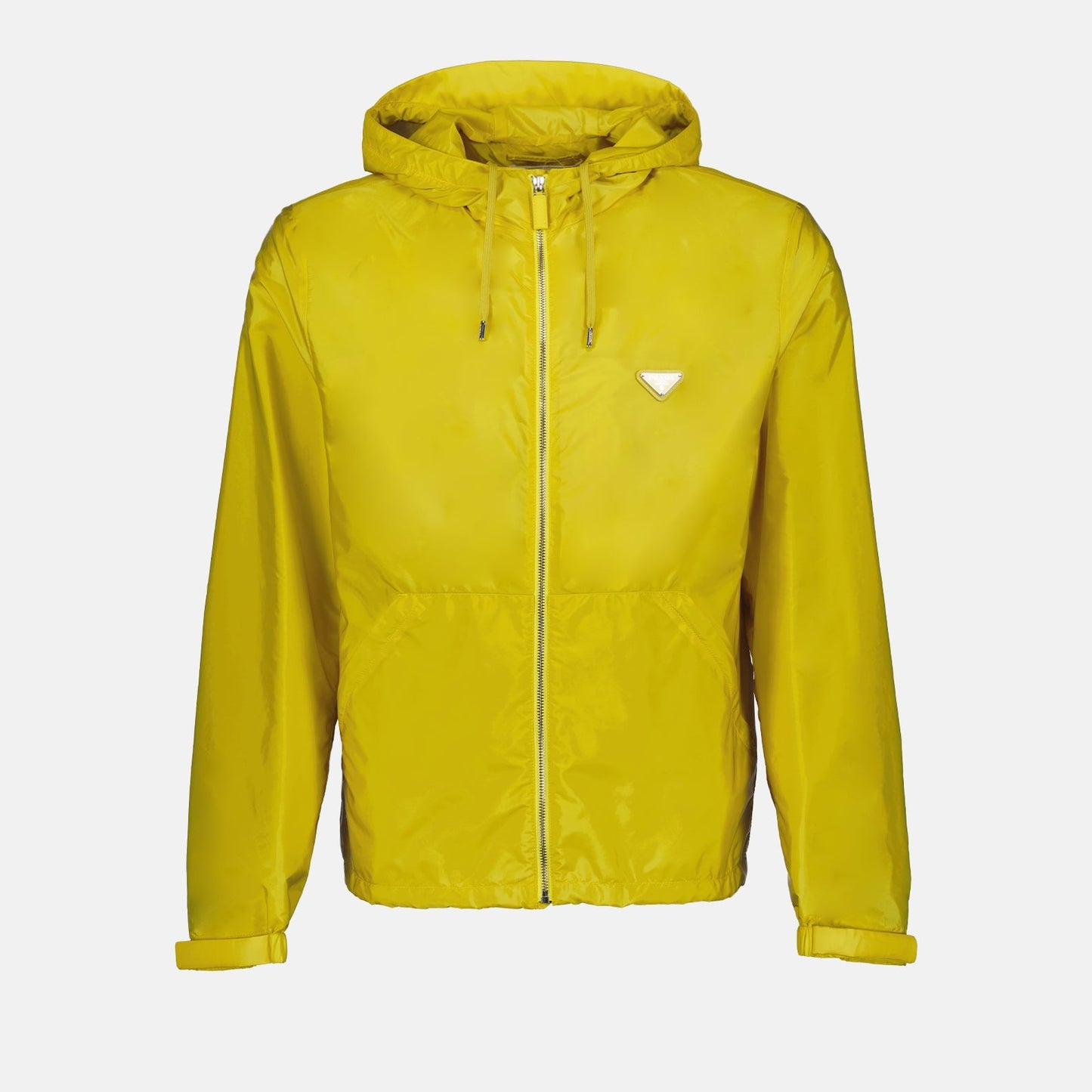 Prada windbreaker, yellow nylon jacket, men’s luxury outerwear, Prada Re-Nylon, sustainable fashion