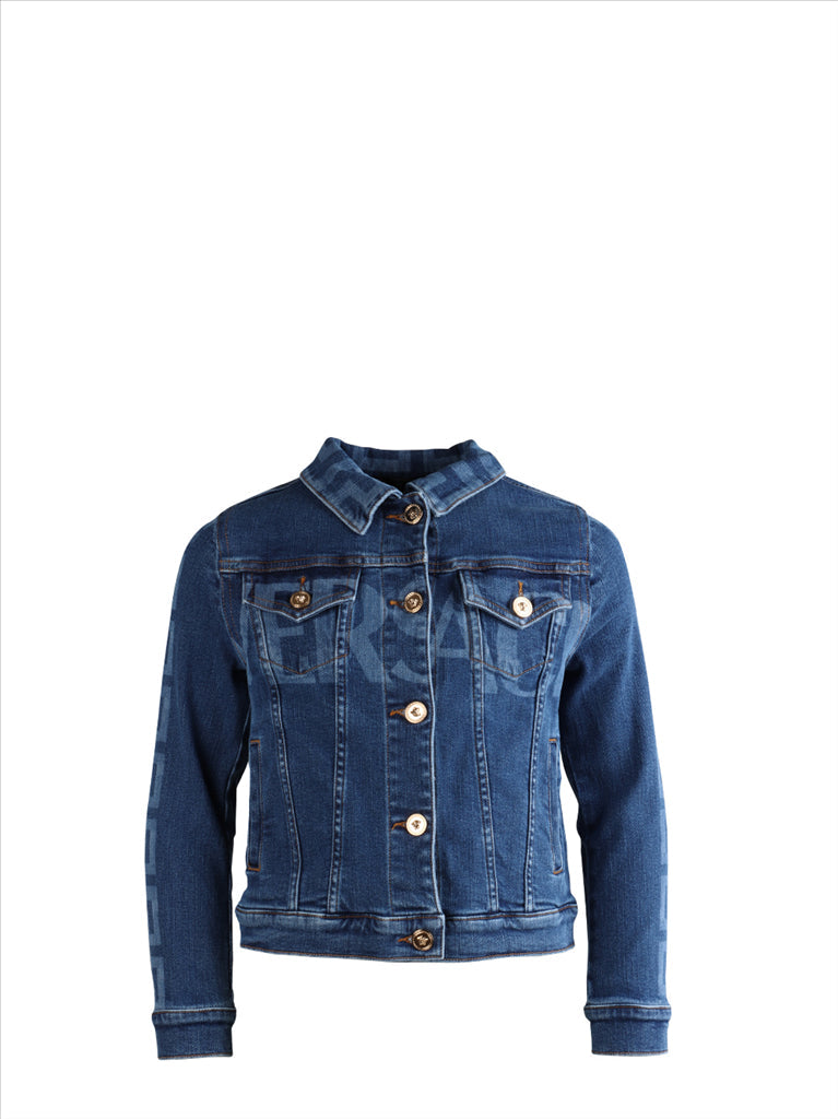 Versace, Children’s Denim Jacket, Greca Motif, Blue Jacket, Luxury Kidswear