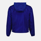 Blue Nylon Jacket, Moncler Logo Patch, Tricolor Hood, Adjustable Jacket, Modern Elegance